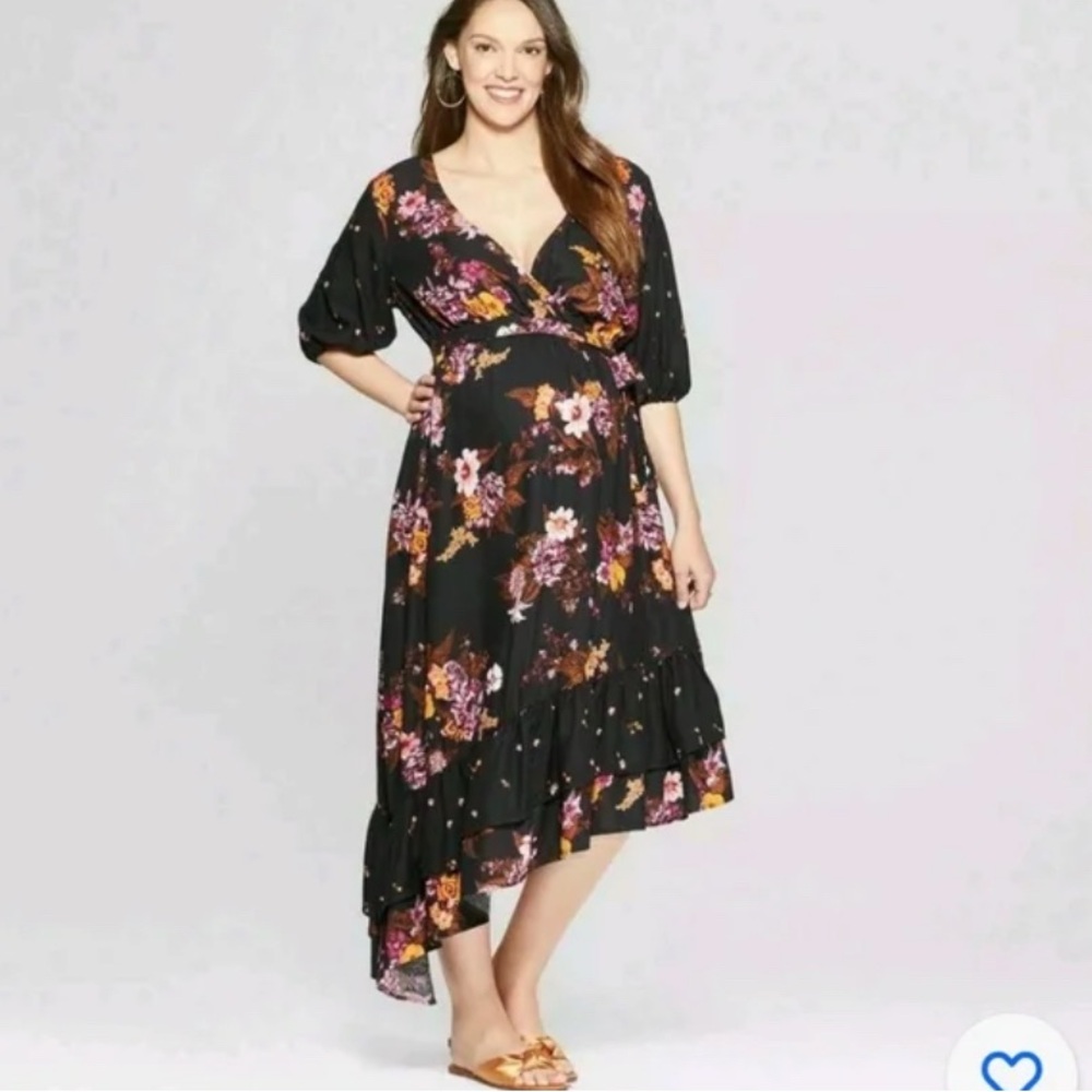 Isabel Maternity by Ingrid & Isabel black pink floral asymmetrical midi dress
